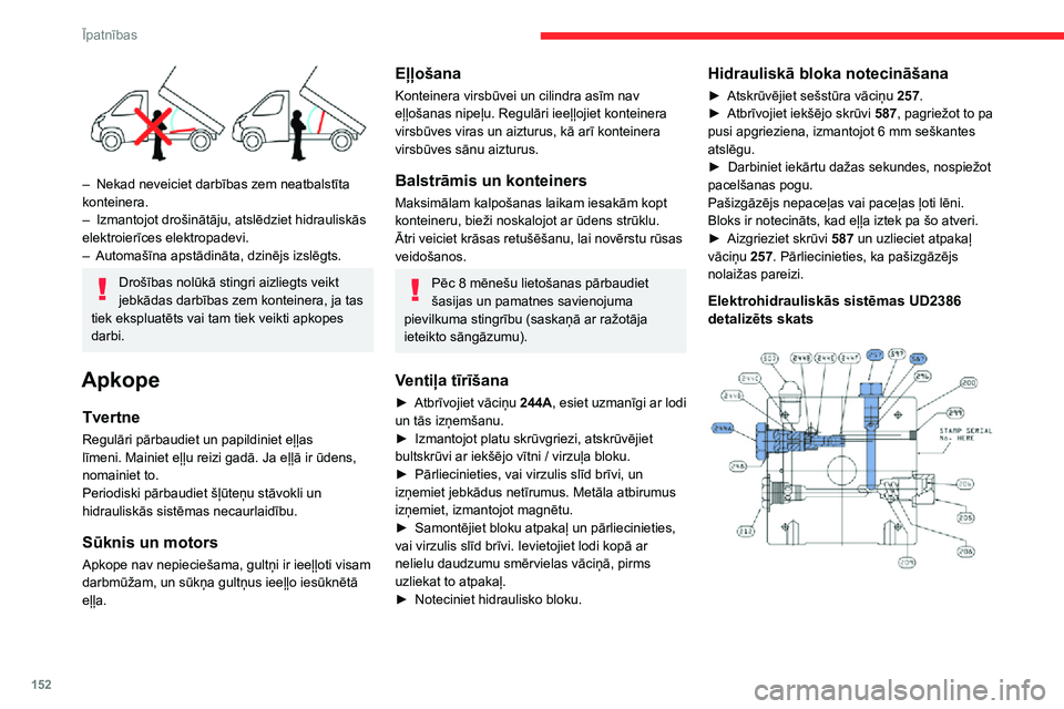 CITROEN JUMPER 2020  Lietošanas Instrukcija (in Latvian) 152
Īpatnības
 
– Nekad neveiciet darbības zem neatbalstīta konteinera.– Izmantojot drošinātāju, atslēdziet hidrauliskās elektroierīces elektropadevi.– Automašīna apstādināta, dzin