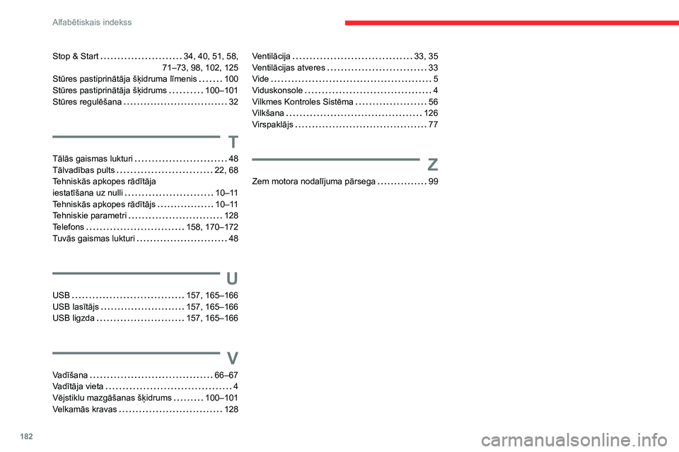 CITROEN JUMPER 2020  Lietošanas Instrukcija (in Latvian) 182
Alfabētiskais indekss
Stop & Start   34, 40, 51, 58,  71–73, 98, 102, 125Stūres pastiprinātāja šķidruma līmenis   100Stūres pastiprinātāja šķidrums   100–101Stūres regulēšana   
