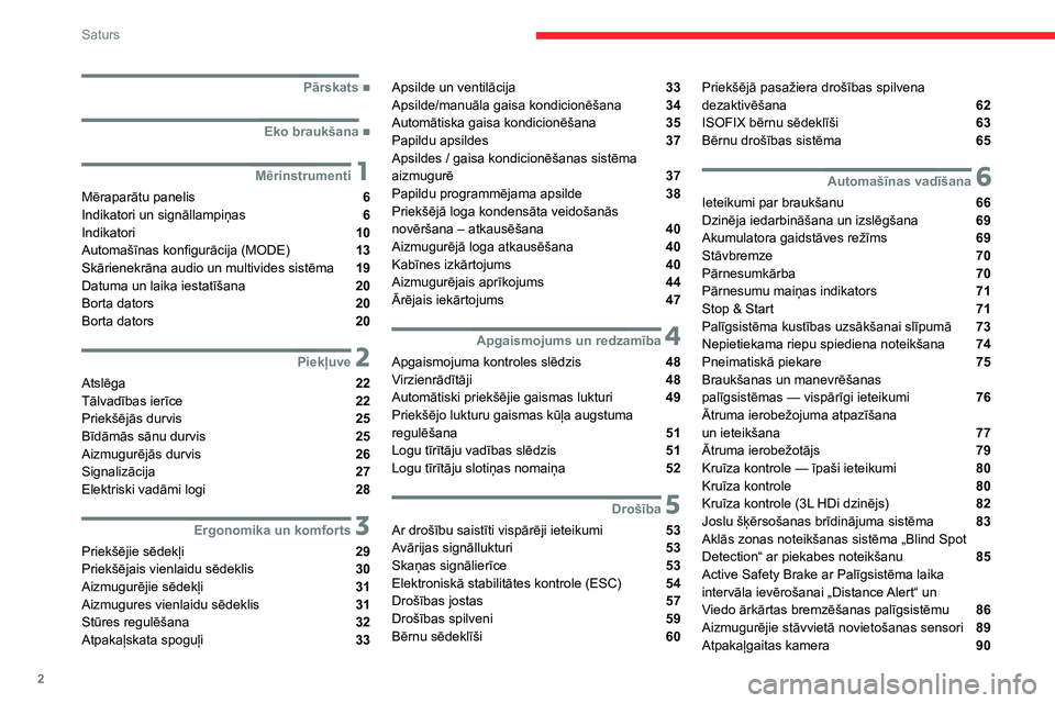 CITROEN JUMPER 2020 Lietošanas Instrukcija (in Latvian) 2
Saturs
■Pārskats
■Eko braukšana
1Mērinstrumenti
Mēraparātu panelis 6Indikatori un signāllampiņas 6Indikatori 10
Automašīnas konfigurācija (MODE) 13Skārienekrāna CITROEN JUMPER 2020 Lietošanas Instrukcija (in Latvian) 2
Saturs
■Pārskats
■Eko braukšana
1Mērinstrumenti
Mēraparātu panelis 6Indikatori un signāllampiņas 6Indikatori 10
Automašīnas konfigurācija (MODE) 13Skārienekrāna