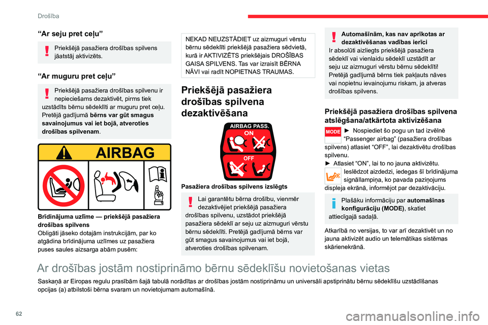 CITROEN JUMPER 2020 Lietošanas Instrukcija (in Latvian) 62
Drošība
“ISOFIX” stiprinājumi
Ja automašīna ar tiem ir aprīkota, ISOFIX normām atbilstošie stiprinājumi ir apzīmēti ar uzlīmēm.Katram sēdeklim ir trīs stiprinājuma gredzeni: CITROEN JUMPER 2020 Lietošanas Instrukcija (in Latvian) 62
Drošība
“ISOFIX” stiprinājumi
Ja automašīna ar tiem ir aprīkota, ISOFIX normām atbilstošie stiprinājumi ir apzīmēti ar uzlīmēm.Katram sēdeklim ir trīs stiprinājuma gredzeni: