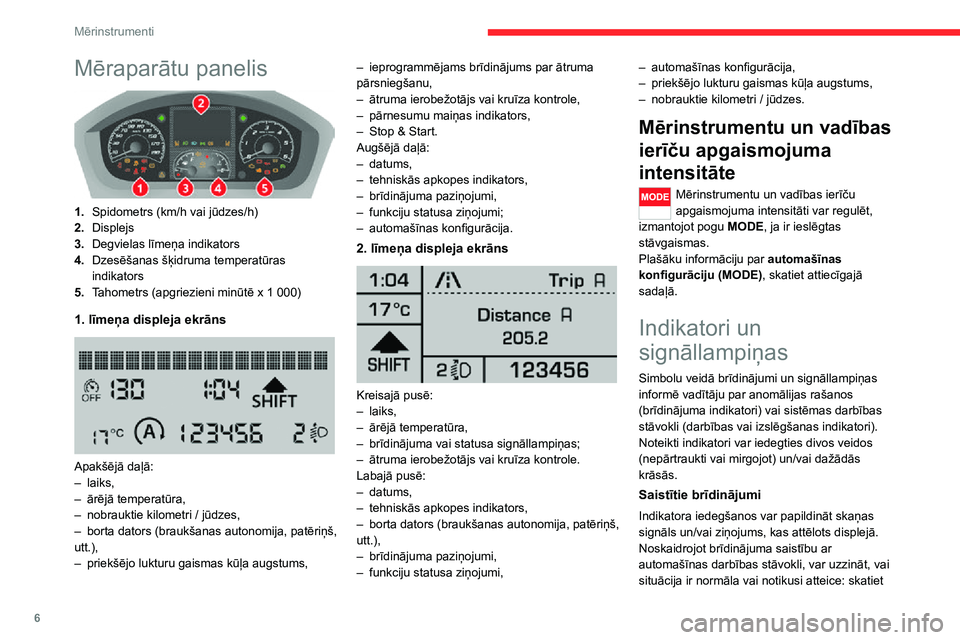 CITROEN JUMPER 2020 Lietošanas Instrukcija (in Latvian) 6
Mērinstrumenti
Mēraparātu panelis
1.Spidometrs (km/h vai jūdzes/h)
2.Displejs
3.Degvielas līmeņa indikators
4.Dzesēšanas šķidruma temperatūras indikators
5.Tahometrs (apgriezieni minū CITROEN JUMPER 2020 Lietošanas Instrukcija (in Latvian) 6
Mērinstrumenti
Mēraparātu panelis
1.Spidometrs (km/h vai jūdzes/h)
2.Displejs
3.Degvielas līmeņa indikators
4.Dzesēšanas šķidruma temperatūras indikators
5.Tahometrs (apgriezieni minū