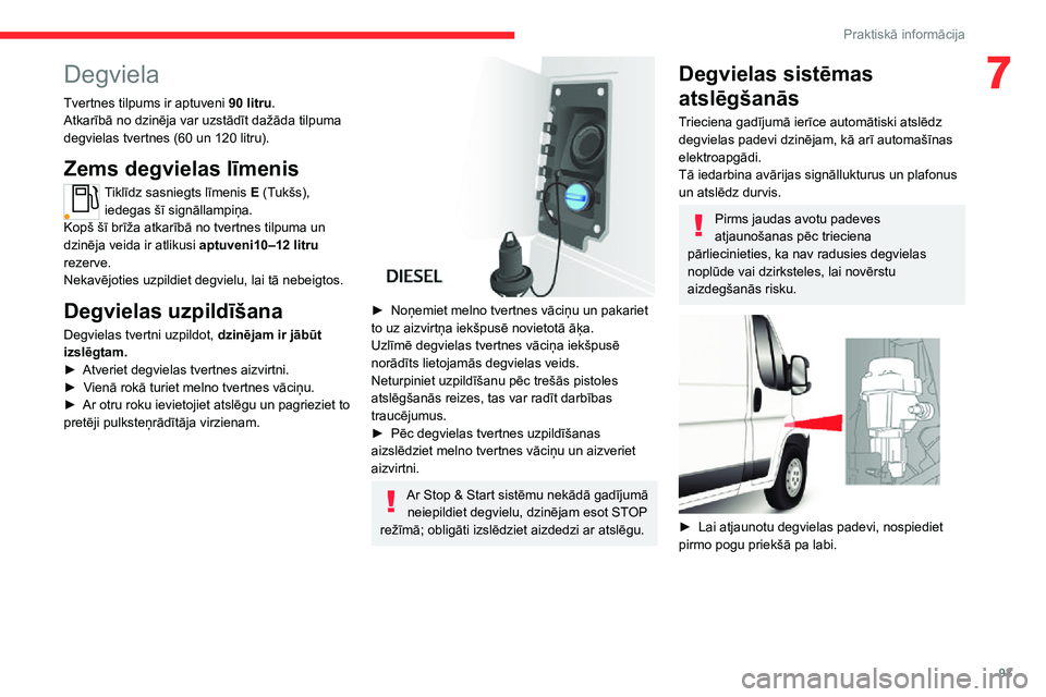 CITROEN JUMPER 2020  Lietošanas Instrukcija (in Latvian)  
 
93
Praktiskā informācija
7Degviela
Tvertnes tilpums ir aptuveni 90 litru.Atkarībā no dzinēja var uzstādīt dažāda tilpuma degvielas tvertnes (60 un 120 litru).
Zems degvielas līmenis
Tikl