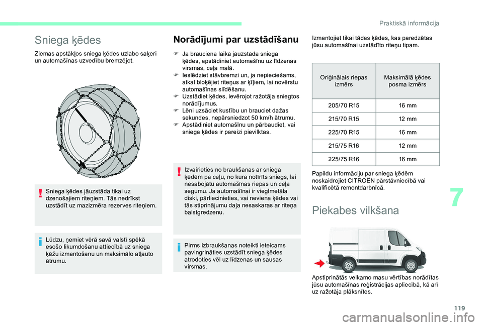 CITROEN JUMPER 2019 Lietošanas Instrukcija (in Latvian) 119
Sniega ķēdes
Ziemas apstākļos sniega ķēdes uzlabo saķeri
un automašīnas uzvedību bremzējot.Sniega ķēdes jāuzstāda tikai uz
dzenošajiem riteņiem. Tās nedrīkst
uzstādīt uz ma CITROEN JUMPER 2019 Lietošanas Instrukcija (in Latvian) 119
Sniega ķēdes
Ziemas apstākļos sniega ķēdes uzlabo saķeri
un automašīnas uzvedību bremzējot.Sniega ķēdes jāuzstāda tikai uz
dzenošajiem riteņiem. Tās nedrīkst
uzstādīt uz ma