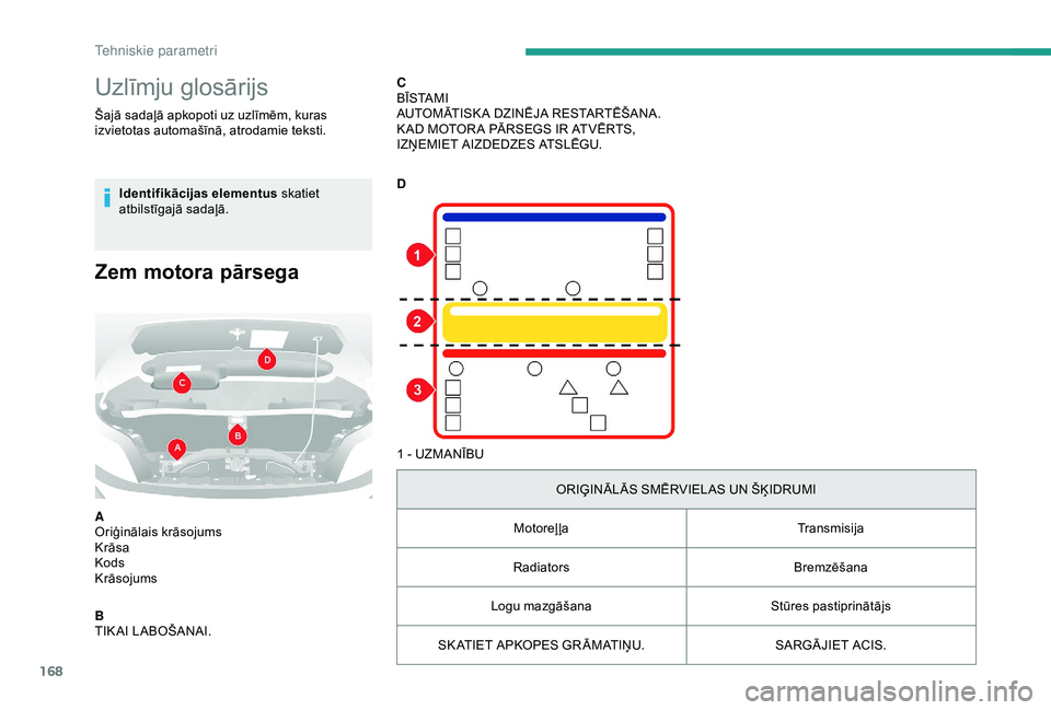 CITROEN JUMPER 2019  Lietošanas Instrukcija (in Latvian) 168
Uzlīmju glosārijs
Šajā sadaļā apkopoti uz uzlīmēm, kuras 
izvietotas automašīnā, atrodamie teksti.Identifikācijas elementus  skatiet 
atbilstīgajā sadaļā.
Zem motora pārsega
A
Ori
