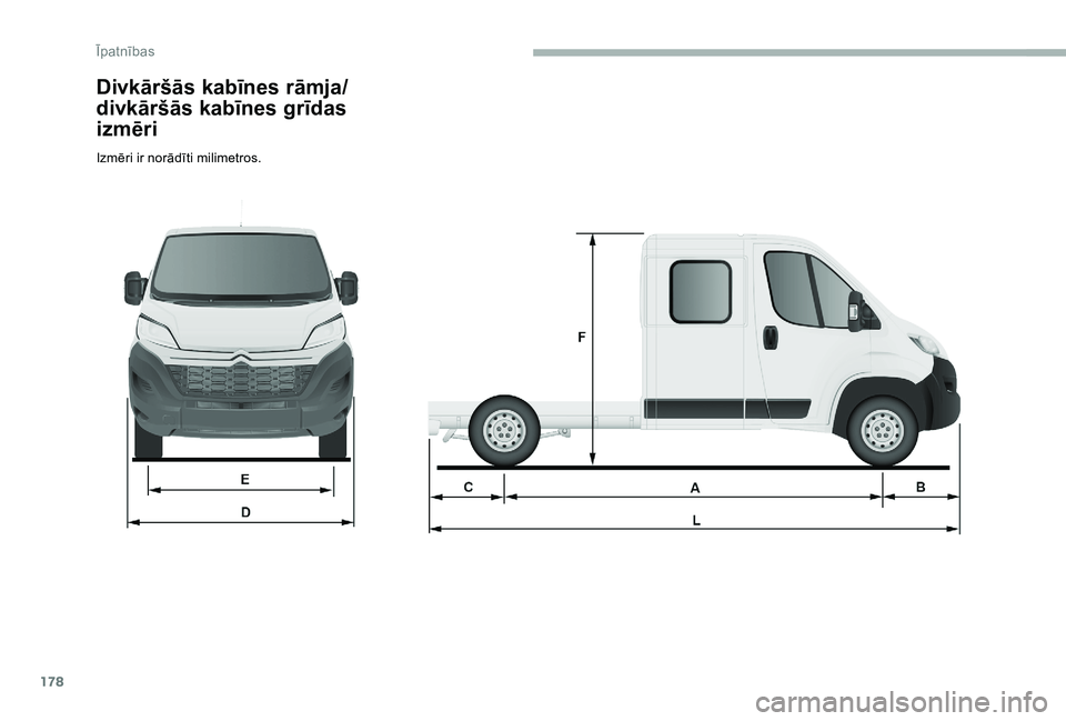 CITROEN JUMPER 2019  Lietošanas Instrukcija (in Latvian) 178
Divkāršās kabīnes rāmja/
divkāršās kabīnes grīdas 
izmēri
Izmēri ir norādīti milimetros. 
Īpatnības  