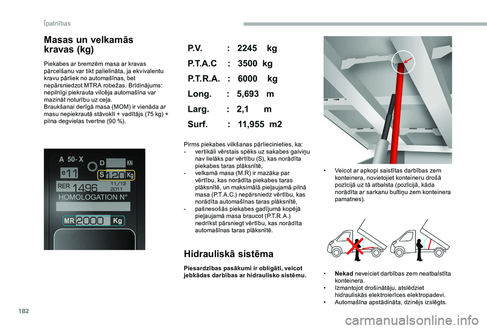 CITROEN JUMPER 2019 Lietošanas Instrukcija (in Latvian) 182
Masas un velkamās
kravas (kg)
Piekabes ar bremzēm masa ar kravas
pārcelšanu var tikt palielināta, ja ekvivalentu
kravu pārliek no automašīnas, bet
nepārsniedzot MTR A robežas. Brīd CITROEN JUMPER 2019 Lietošanas Instrukcija (in Latvian) 182
Masas un velkamās
kravas (kg)
Piekabes ar bremzēm masa ar kravas
pārcelšanu var tikt palielināta, ja ekvivalentu
kravu pārliek no automašīnas, bet
nepārsniedzot MTR A robežas. Brīd