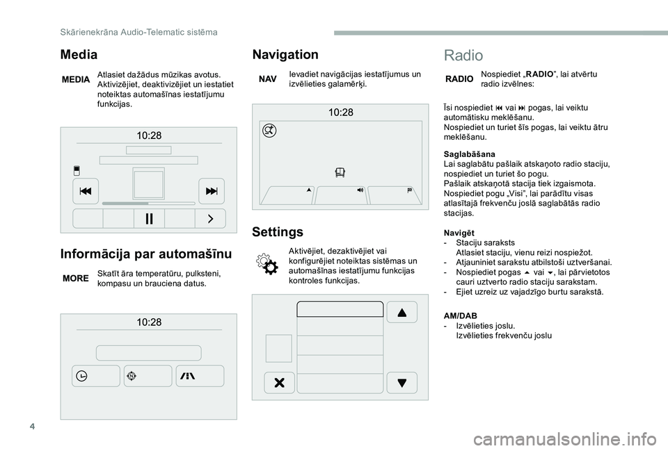 CITROEN JUMPER 2019 Lietošanas Instrukcija (in Latvian) 4
Informācija par automašīnu
Skatīt āra temperatūru, pulksteni,
kompasu un brauciena datus.
Navigation
Ievadiet navigācijas iestatījumus un
izvēlieties galamērķi.
Settings
Aktivējiet, de CITROEN JUMPER 2019 Lietošanas Instrukcija (in Latvian) 4
Informācija par automašīnu
Skatīt āra temperatūru, pulksteni,
kompasu un brauciena datus.
Navigation
Ievadiet navigācijas iestatījumus un
izvēlieties galamērķi.
Settings
Aktivējiet, de