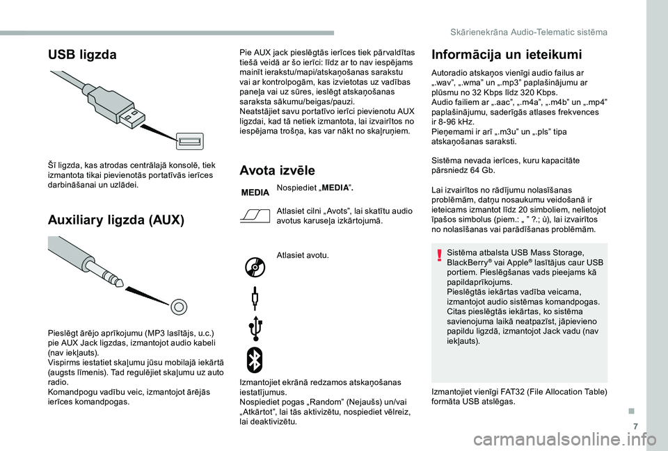 CITROEN JUMPER 2019  Lietošanas Instrukcija (in Latvian) 7
USB ligzda
Auxiliary ligzda (AUX)
Šī ligzda, kas atrodas centrālajā konsolē, tiek 
izmantota tikai pievienotās portatīvās ierīces 
darbināšanai un uzlādei.
Pieslēgt ārējo aprīkojumu 