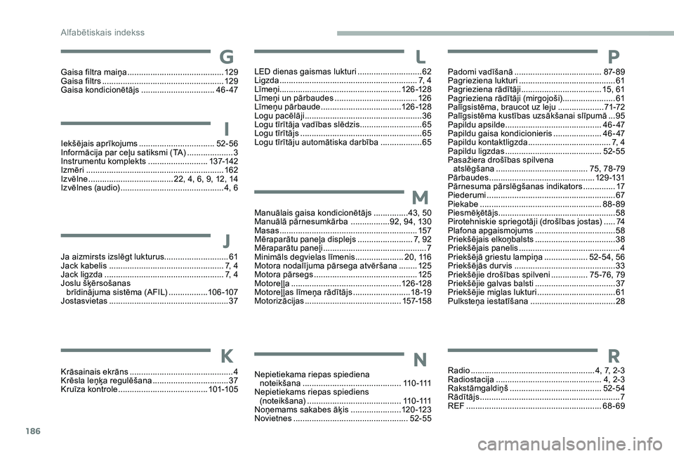 CITROEN JUMPER 2019  Lietošanas Instrukcija (in Latvian) 186
G
Gaisa filtra maiņa ..........................................12 9
Gaisa filtrs  ............................... ......................12 9
Gaisa kondicionētājs
 
.............................