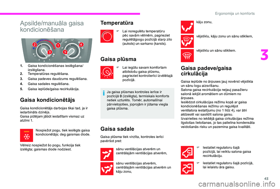 CITROEN JUMPER 2019 Lietošanas Instrukcija (in Latvian) 43
Apsilde/manuāla gaisa
kondicionēšana
1.Gaisa kondicionēšanas ieslēgšana/
izslēgšana.
2. Temperatūras regulēšana.
3. Gaisa padeves daudzums regulēšana.
4. Gaisa sadales regulēšana.
CITROEN JUMPER 2019 Lietošanas Instrukcija (in Latvian) 43
Apsilde/manuāla gaisa
kondicionēšana
1.Gaisa kondicionēšanas ieslēgšana/
izslēgšana.
2. Temperatūras regulēšana.
3. Gaisa padeves daudzums regulēšana.
4. Gaisa sadales regulēšana.