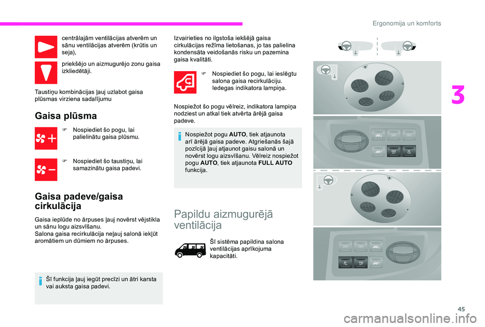 CITROEN JUMPER 2019 Lietošanas Instrukcija (in Latvian) 45
centrālajām ventilācijas atverēm un
sānu ventilācijas atverēm (krūtis un
seja),
priekšējo un aizmugurējo zonu gaisa
izkliedētāji.
Taustiņu kombinācijas ļauj uzlabot gaisa
plūsm CITROEN JUMPER 2019 Lietošanas Instrukcija (in Latvian) 45
centrālajām ventilācijas atverēm un
sānu ventilācijas atverēm (krūtis un
seja),
priekšējo un aizmugurējo zonu gaisa
izkliedētāji.
Taustiņu kombinācijas ļauj uzlabot gaisa
plūsm
