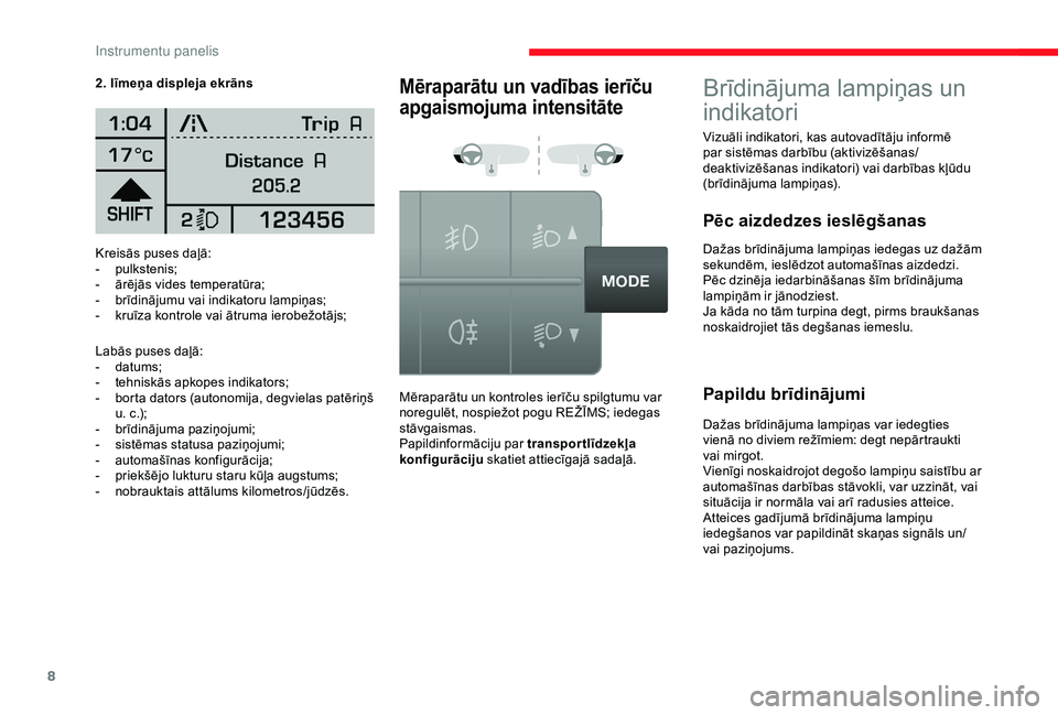 CITROEN JUMPER 2019 Lietošanas Instrukcija (in Latvian) 8
Kreisās puses daļā:
- pulkstenis;
-
ā
rējās vides temperatūra;
-
b
rīdinājumu vai indikatoru lampiņas;
-
k
ruīza kontrole vai ātruma ierobežotājs;
Labās puses daļā:
-
d
a CITROEN JUMPER 2019 Lietošanas Instrukcija (in Latvian) 8
Kreisās puses daļā:
- pulkstenis;
-
ā
rējās vides temperatūra;
-
b
rīdinājumu vai indikatoru lampiņas;
-
k
ruīza kontrole vai ātruma ierobežotājs;
Labās puses daļā:
-
d
a