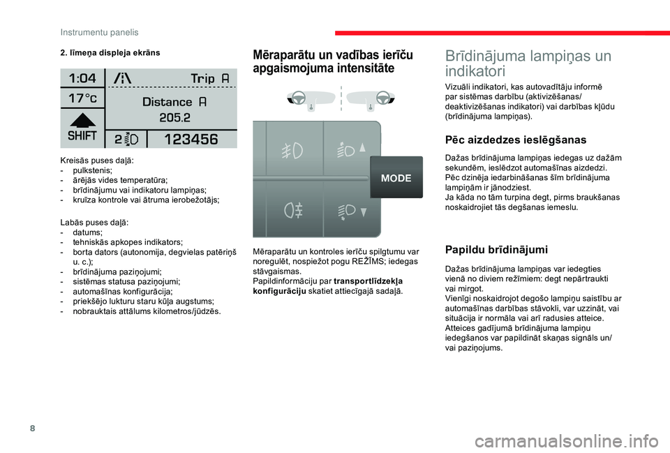 CITROEN JUMPER 2019  Lietošanas Instrukcija (in Latvian) 8
Kreisās puses daļā:
- pulkstenis;
-
 
ā
 rējās vides temperatūra;
-
 
b
 rīdinājumu vai indikatoru lampiņas;
-
 
k
 ruīza kontrole vai ātruma ierobežotājs;
Labās puses daļā:
-
 d

a