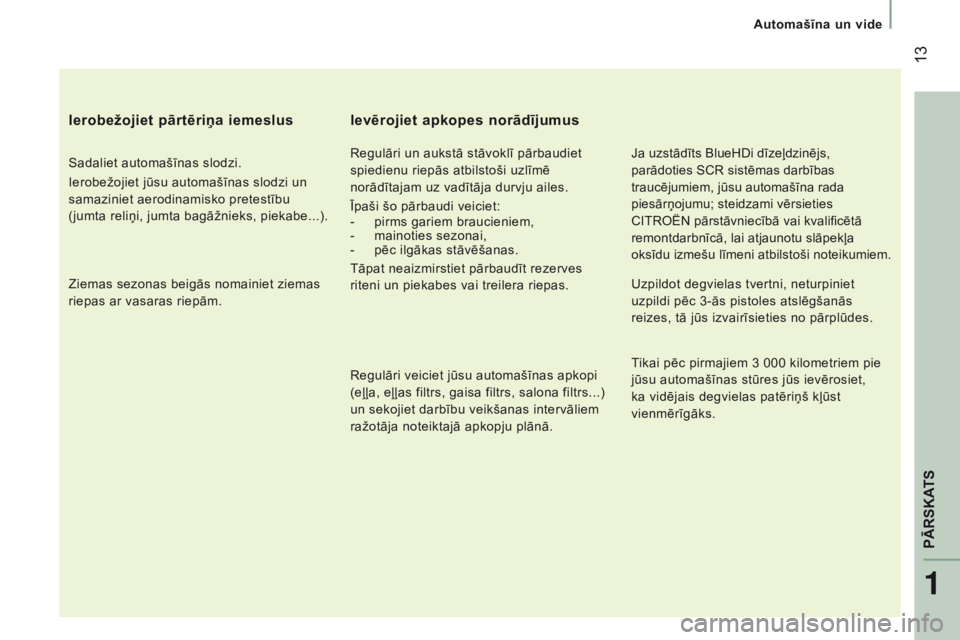 CITROEN JUMPER 2017 Lietošanas Instrukcija (in Latvian) 13
Automašīna un vide
Jumper_lv_Chap01_vue-ensemble_ed01-2016
Ierobežojiet pārtēriņa iemeslus
Sadaliet automašīnas slodzi.
Ierobežojiet jūsu automašīnas slodzi un
samaziniet aerodinamisk CITROEN JUMPER 2017 Lietošanas Instrukcija (in Latvian) 13
Automašīna un vide
Jumper_lv_Chap01_vue-ensemble_ed01-2016
Ierobežojiet pārtēriņa iemeslus
Sadaliet automašīnas slodzi.
Ierobežojiet jūsu automašīnas slodzi un
samaziniet aerodinamisk