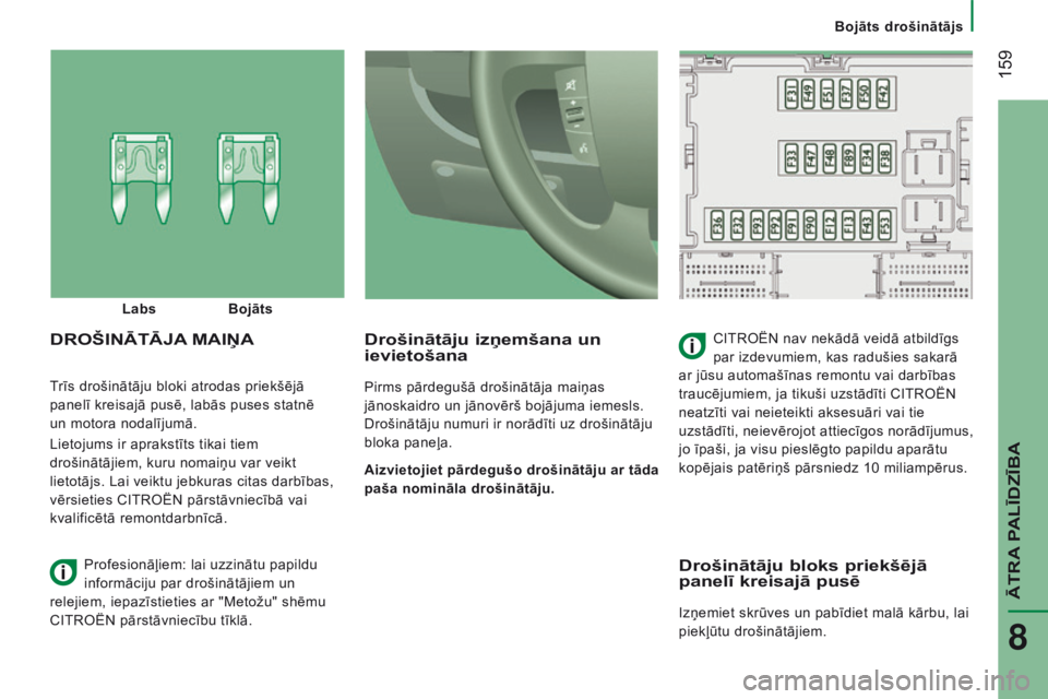 CITROEN JUMPER 2017  Lietošanas Instrukcija (in Latvian)  159
Jumper_lv_Chap08_Aide-Rapide_ed01-2016
Trīs drošinātāju bloki atrodas priekšējā 
panelī kreisajā pusē, labās puses statnē 
un  motora nodalījumā.
Lietojums ir aprakstīts tikai tiem