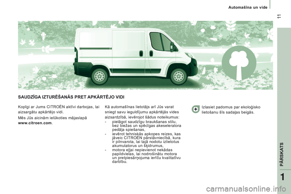 CITROEN JUMPER 2016 Lietošanas Instrukcija (in Latvian) 11
jumper_lv_Chap01_vue-ensemble_ed01-2015
SAUDZĪGA IZTUR ē ŠANĀS PRET APKĀRT ē JO VIDI
Kopīgi ar Jums CITROËN aktīvi darbojas, lai
aizsargātu apkārtējo vidi.
Mēs Jūs aicinām ie CITROEN JUMPER 2016 Lietošanas Instrukcija (in Latvian) 11
jumper_lv_Chap01_vue-ensemble_ed01-2015
SAUDZĪGA IZTUR ē ŠANĀS PRET APKĀRT ē JO VIDI
Kopīgi ar Jums CITROËN aktīvi darbojas, lai
aizsargātu apkārtējo vidi.
Mēs Jūs aicinām ie