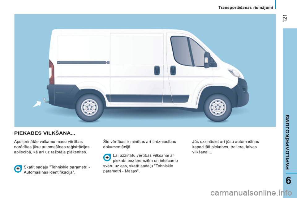 CITROEN JUMPER 2016 Lietošanas Instrukcija (in Latvian) 121
jumper_lv_Chap06_Accessoires_ed01-2015
PIEKABES VILKŠANA...
Apstiprinātās velkamo masu vērtības
norādītas jūsu automašīnas reģistrācijas
apliecībā, kā arī uz ražotāja plāksn CITROEN JUMPER 2016 Lietošanas Instrukcija (in Latvian) 121
jumper_lv_Chap06_Accessoires_ed01-2015
PIEKABES VILKŠANA...
Apstiprinātās velkamo masu vērtības
norādītas jūsu automašīnas reģistrācijas
apliecībā, kā arī uz ražotāja plāksn