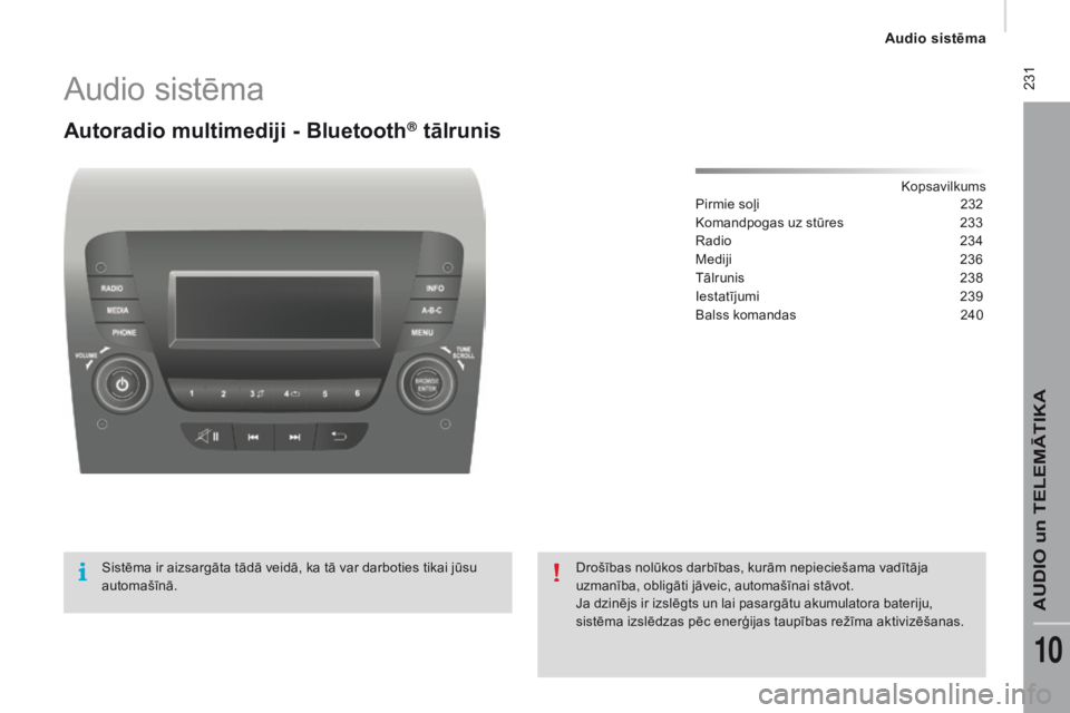 CITROEN JUMPER 2016 Lietošanas Instrukcija (in Latvian) 231
jumper_lv_Chap10b_Autoradio-Fiat-4_ed01-2015
Audio sistēma
Autoradio multimediji - Bluetooth® tālrunis
Kopsavilkums
Pirmie soļi
2 32
Komandpogas uz stūres
2
33
Radio
2
34
Mediji
23
CITROEN JUMPER 2016 Lietošanas Instrukcija (in Latvian) 231
jumper_lv_Chap10b_Autoradio-Fiat-4_ed01-2015
Audio sistēma
Autoradio multimediji - Bluetooth® tālrunis
Kopsavilkums
Pirmie soļi
2 32
Komandpogas uz stūres
2
33
Radio
2
34
Mediji
23