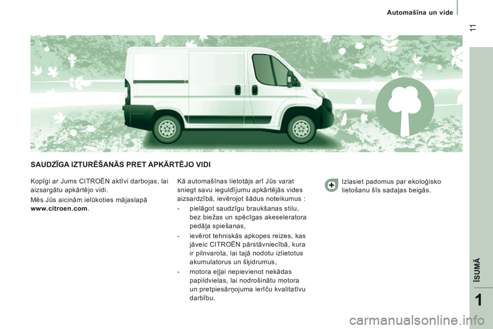 CITROEN JUMPER 2015 Lietošanas Instrukcija (in Latvian) 1
ĪSUMĀ
11
Automašīna un vide
JUMPER-PAPIER_LV_CHAP01_COUP D OEIL_ED01-2014
SAUDZĪGA IZTURĒŠANĀS PRET APKĀRTĒJO VIDI
Kopīgi ar Jums CITROËN aktīvi darbojas, lai
aizsargātu ap CITROEN JUMPER 2015 Lietošanas Instrukcija (in Latvian) 1
ĪSUMĀ
11
Automašīna un vide
JUMPER-PAPIER_LV_CHAP01_COUP D OEIL_ED01-2014
SAUDZĪGA IZTURĒŠANĀS PRET APKĀRTĒJO VIDI
Kopīgi ar Jums CITROËN aktīvi darbojas, lai
aizsargātu ap