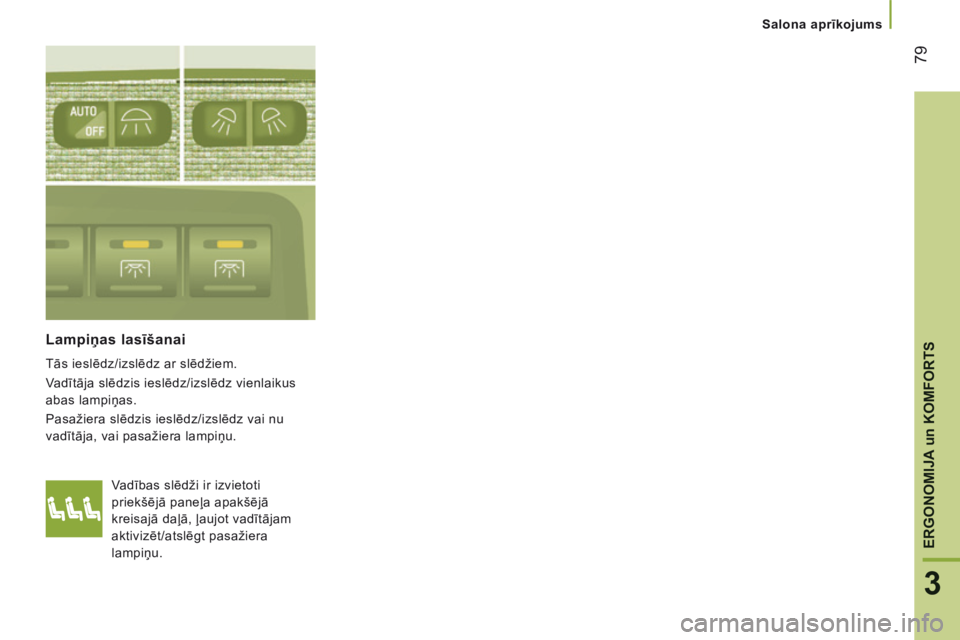CITROEN JUMPER 2015  Lietošanas Instrukcija (in Latvian)    Salona aprīkojums   
79
3
ERGONOMIJA 
un
 KOMFORTS
JUMPER-PAPIER_LV_CHAP03_ERGO ET CONFORT_ED01-2014
  Vadības slēdži ir izvietoti 
priekšējā paneļa apakšējā 
kreisajā daļā, ļaujot v