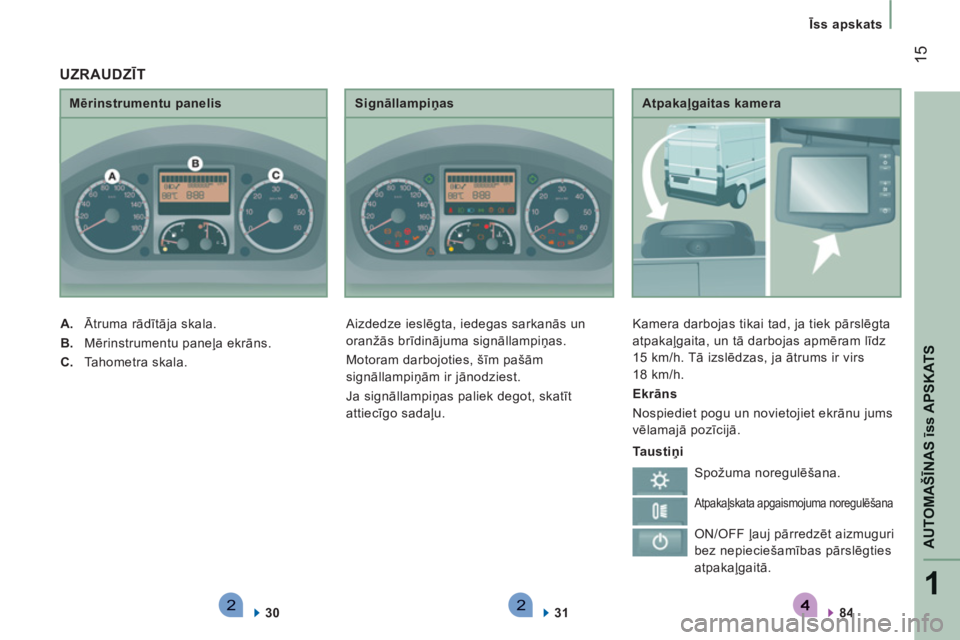 CITROEN JUMPER 2014  Lietošanas Instrukcija (in Latvian) 221
AUTOMAŠĪNAS īss APSKAT
S
15
 
 
 Īss apskats
   
Atpakaļgaitas kamera 
  Kamera darbojas tikai tad, ja tiek pārslēgta 
atpakaļgaita, un tā darbojas apmēram līdz 
15 km/h. Tā izslēdzas