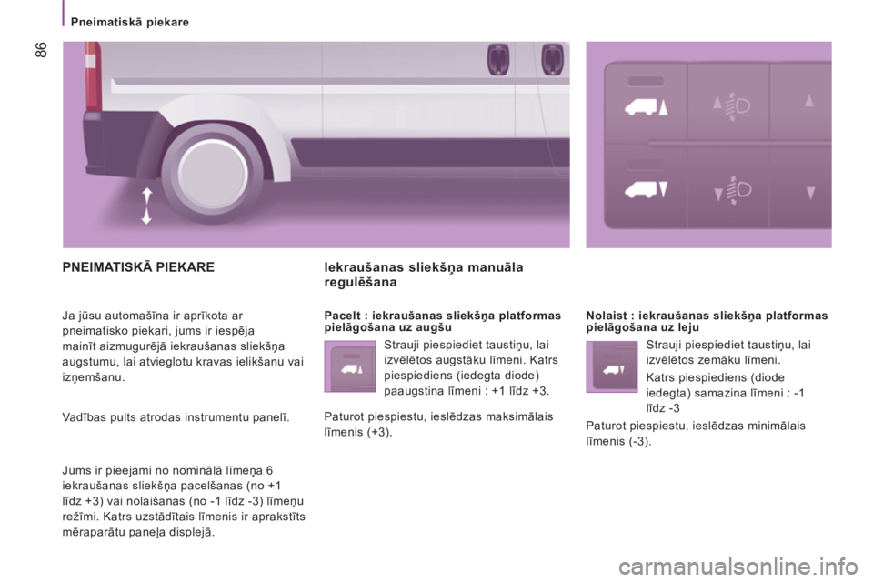 CITROEN JUMPER 2014  Lietošanas Instrukcija (in Latvian) 86
   
 
Pneimatiskā piekare 
 
PNEIMATISKĀ PIEKARE
 
Ja jūsu automašīna ir aprīkota ar 
pneimatisko piekari, jums ir iespēja 
mainīt aizmugurējā iekraušanas sliekšņa 
augstumu, lai atvie
