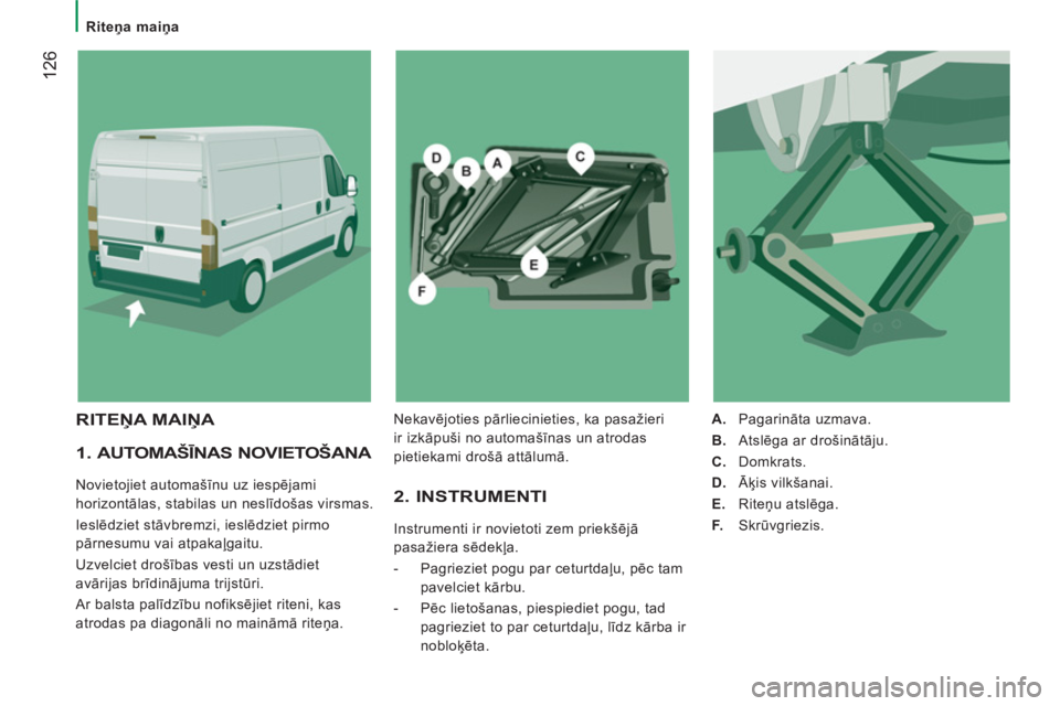 CITROEN JUMPER 2012 Lietošanas Instrukcija (in Latvian)
Riteņa maiņa
12
6
1. AUTOMAŠĪNAS NOVIETOŠANA
Novietojiet automašīnu uz iespējami
horizontālas, stabilas un neslīdošas virsmas.
Ieslēdziet stāvbremzi, ieslēdziet pirmo
CITROEN JUMPER 2012 Lietošanas Instrukcija (in Latvian)
Riteņa maiņa
12
6
1. AUTOMAŠĪNAS NOVIETOŠANA
Novietojiet automašīnu uz iespējami
horizontālas, stabilas un neslīdošas virsmas.
Ieslēdziet stāvbremzi, ieslēdziet pirmo