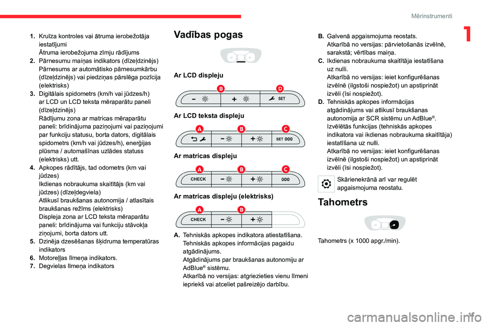 CITROEN JUMPER SPACETOURER 2021 Lietošanas Instrukcija (in Latvian) 11
Mērinstrumenti
11.Kruīza kontroles vai ātruma ierobežotāja
iestatījumi
Ātruma ierobežojuma zīmju rādījums
2. Pārnesumu maiņas indikators (dīzeļdzinējs)
Pārnesums ar automātisko p CITROEN JUMPER SPACETOURER 2021 Lietošanas Instrukcija (in Latvian) 11
Mērinstrumenti
11.Kruīza kontroles vai ātruma ierobežotāja
iestatījumi
Ātruma ierobežojuma zīmju rādījums
2. Pārnesumu maiņas indikators (dīzeļdzinējs)
Pārnesums ar automātisko p