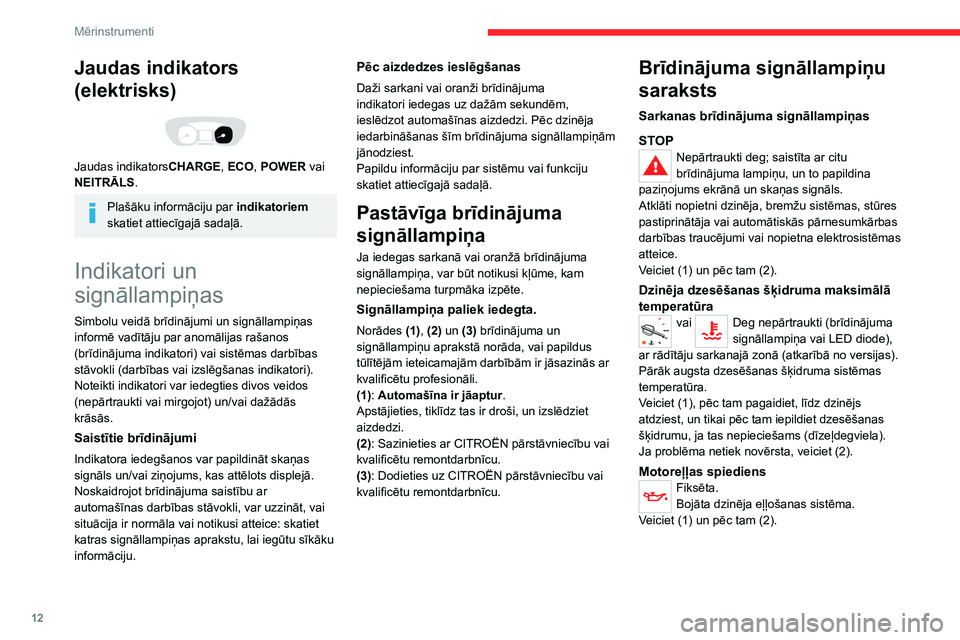 CITROEN JUMPER SPACETOURER 2021  Lietošanas Instrukcija (in Latvian) 12
Mērinstrumenti
Jaudas indikators 
(elektrisks)
 
 
Jaudas indikatorsCHARGE, ECO, POWER vai 
NEITRĀLS.
Plašāku informāciju par  indikatoriem 
skatiet attiecīgajā sadaļā.
Indikatori un 
sign