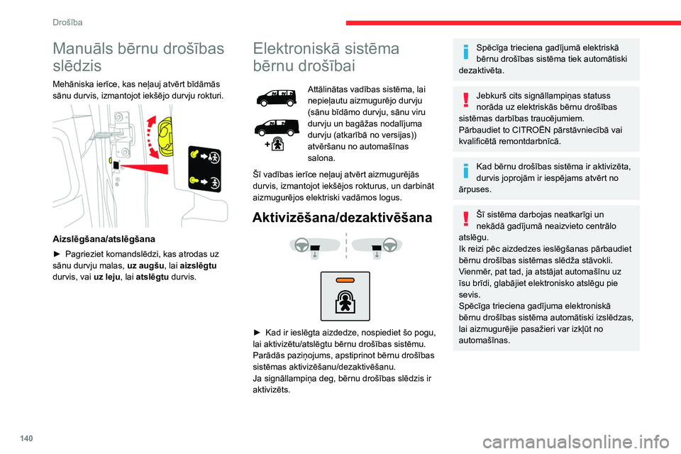 CITROEN JUMPER SPACETOURER 2021 Lietošanas Instrukcija (in Latvian) 140
Drošība
Manuāls bērnu drošības
slēdzis
Mehāniska ierīce, kas neļauj atvērt bīdāmās
sānu durvis, izmantojot iekšējo durvju rokturi.
Aizslēgšana/atslēgšana
► Pagrieziet CITROEN JUMPER SPACETOURER 2021 Lietošanas Instrukcija (in Latvian) 140
Drošība
Manuāls bērnu drošības
slēdzis
Mehāniska ierīce, kas neļauj atvērt bīdāmās
sānu durvis, izmantojot iekšējo durvju rokturi.
Aizslēgšana/atslēgšana
► Pagrieziet