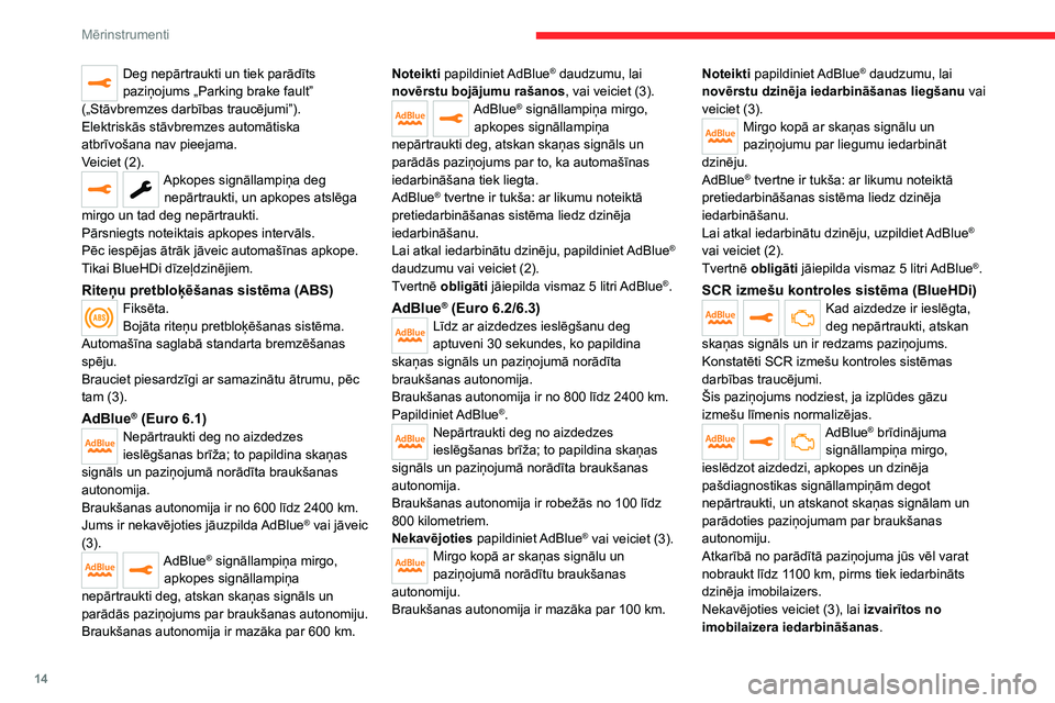 CITROEN JUMPER SPACETOURER 2021 Lietošanas Instrukcija (in Latvian) 14
Mērinstrumenti
Deg nepārtraukti un tiek parādīts
paziņojums „Parking brake fault”
(„Stāvbremzes darbības traucējumi”).
Elektriskās stāvbremzes automātiska
atbrīvošana nav pi CITROEN JUMPER SPACETOURER 2021 Lietošanas Instrukcija (in Latvian) 14
Mērinstrumenti
Deg nepārtraukti un tiek parādīts
paziņojums „Parking brake fault”
(„Stāvbremzes darbības traucējumi”).
Elektriskās stāvbremzes automātiska
atbrīvošana nav pi