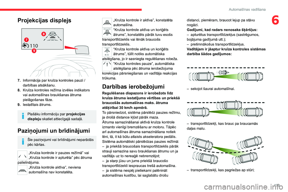 CITROEN JUMPER SPACETOURER 2021 Lietošanas Instrukcija (in Latvian) 173
Automašīnas vadīšana
6Projekcijas displejs
7.Informācija par kruīza kontroles pauzi /
darbības atsākšanu.
8. Kruīza kontroles režīma izvēles indikators
vai automašīnas braukšan CITROEN JUMPER SPACETOURER 2021 Lietošanas Instrukcija (in Latvian) 173
Automašīnas vadīšana
6Projekcijas displejs
7.Informācija par kruīza kontroles pauzi /
darbības atsākšanu.
8. Kruīza kontroles režīma izvēles indikators
vai automašīnas braukšan