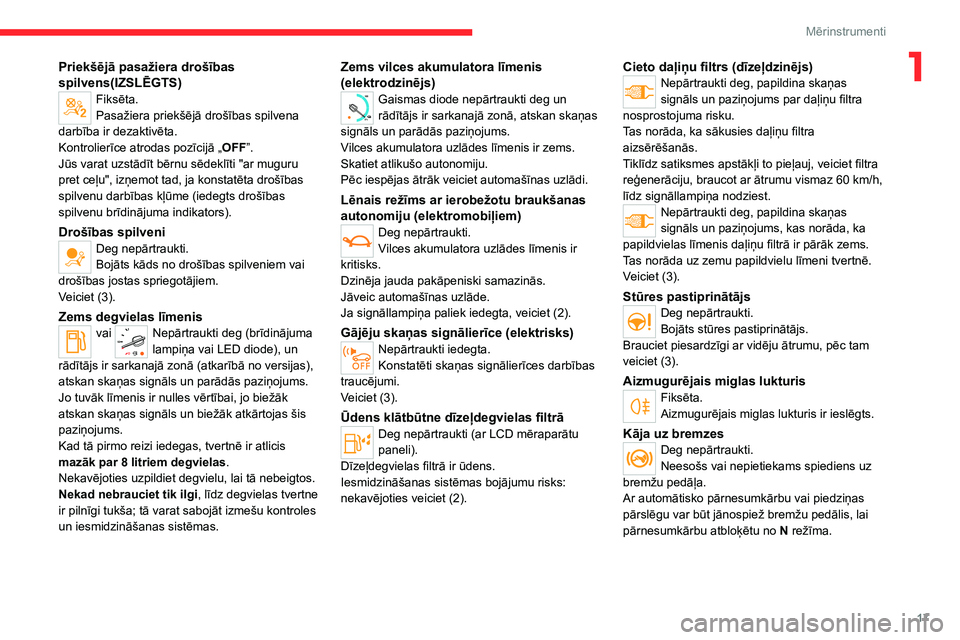 CITROEN JUMPER SPACETOURER 2021 Lietošanas Instrukcija (in Latvian) 17
Mērinstrumenti
1Priekšējā pasažiera drošības
spilvens(IZSLĒGTS)
Fiksēta.
Pasažiera priekšējā drošības spilvena
darbība ir dezaktivēta.
Kontrolierīce atrodas pozīcijā „ OFF CITROEN JUMPER SPACETOURER 2021 Lietošanas Instrukcija (in Latvian) 17
Mērinstrumenti
1Priekšējā pasažiera drošības
spilvens(IZSLĒGTS)
Fiksēta.
Pasažiera priekšējā drošības spilvena
darbība ir dezaktivēta.
Kontrolierīce atrodas pozīcijā „ OFF