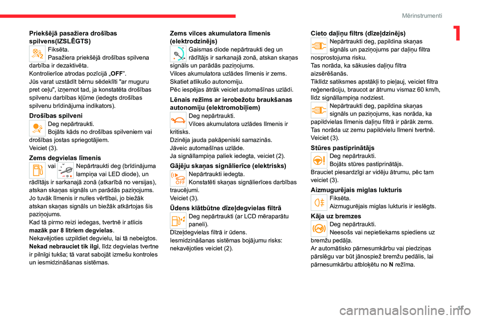 CITROEN JUMPER SPACETOURER 2021  Lietošanas Instrukcija (in Latvian) 17
Mērinstrumenti
1Priekšējā pasažiera drošības 
spilvens(IZSLĒGTS)
Fiksēta.
Pasažiera priekšējā drošības spilvena 
darbība ir dezaktivēta.
Kontrolierīce atrodas pozīcijā „ OFF�