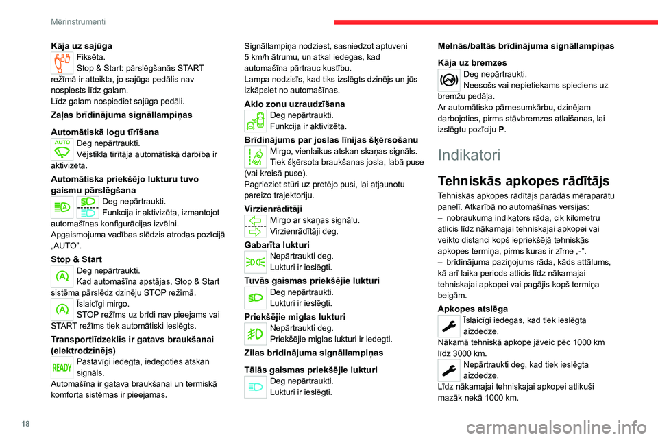 CITROEN JUMPER SPACETOURER 2021  Lietošanas Instrukcija (in Latvian) 18
Mērinstrumenti
Kāja uz sajūgaFiksēta.
Stop & Start: pārslēgšanās START 
režīmā ir atteikta, jo sajūga pedālis nav 
nospiests līdz galam.
Līdz galam nospiediet sajūga pedāli.
Zaļas