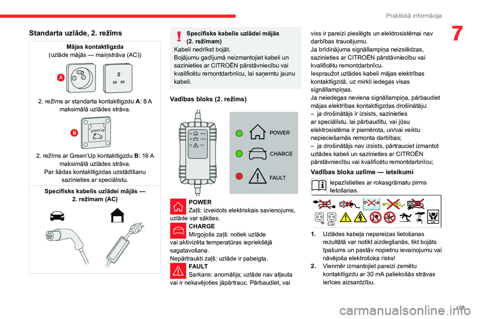 CITROEN JUMPER SPACETOURER 2021 Lietošanas Instrukcija (in Latvian) 191
Praktiskā informācija
7Standarta uzlāde, 2. režīms
Mājas kontaktligzda
(uzlāde mājās — maiņstrāva (AC))
2. režīms ar standarta kontaktligzdu A : 8 A
maksimālā uzlādes s CITROEN JUMPER SPACETOURER 2021 Lietošanas Instrukcija (in Latvian) 191
Praktiskā informācija
7Standarta uzlāde, 2. režīms
Mājas kontaktligzda
(uzlāde mājās — maiņstrāva (AC))
2. režīms ar standarta kontaktligzdu A : 8 A
maksimālā uzlādes s