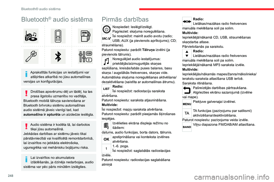 CITROEN JUMPER SPACETOURER 2021 Lietošanas Instrukcija (in Latvian) 248
Bluetooth® audio sistēma
Bluetooth® audio sistēma
Aprakstītās funkcijas un iestatījumi var atšķirties atkarībā no jūsu automašīnas
versijas un konfigurācijas.
Drošības apsvēr CITROEN JUMPER SPACETOURER 2021 Lietošanas Instrukcija (in Latvian) 248
Bluetooth® audio sistēma
Bluetooth® audio sistēma
Aprakstītās funkcijas un iestatījumi var atšķirties atkarībā no jūsu automašīnas
versijas un konfigurācijas.
Drošības apsvēr