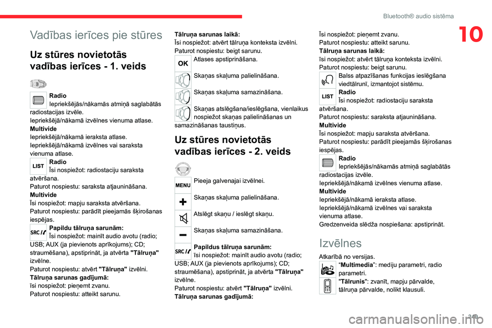 CITROEN JUMPER SPACETOURER 2021 Lietošanas Instrukcija (in Latvian) 249
Bluetooth® audio sistēma
10Vadības ierīces pie stūres
Uz stūres novietotās
vadības ierīces - 1. veids
Radio
Iepriekšējās/nākamās atmiņā saglabātās
radiostacijas izvēle.
Iep CITROEN JUMPER SPACETOURER 2021 Lietošanas Instrukcija (in Latvian) 249
Bluetooth® audio sistēma
10Vadības ierīces pie stūres
Uz stūres novietotās
vadības ierīces - 1. veids
Radio
Iepriekšējās/nākamās atmiņā saglabātās
radiostacijas izvēle.
Iep