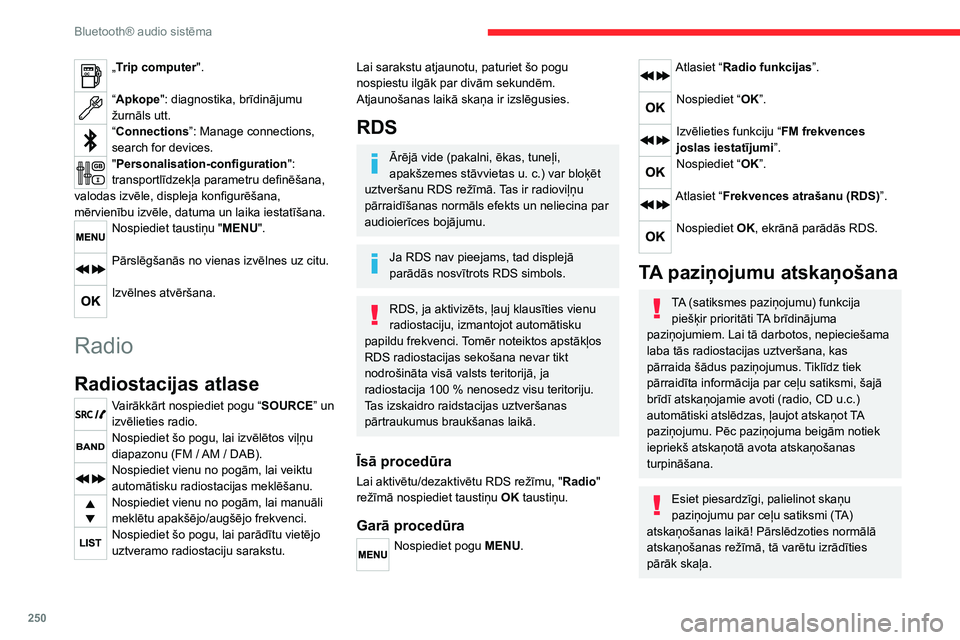 CITROEN JUMPER SPACETOURER 2021  Lietošanas Instrukcija (in Latvian) 250
Bluetooth® audio sistēma
„Trip computer". 
“Apkope": diagnostika, brīdinājumu 
žurnāls utt.
“Connections”: Manage connections, 
search for devices.
"Personalisation-confi