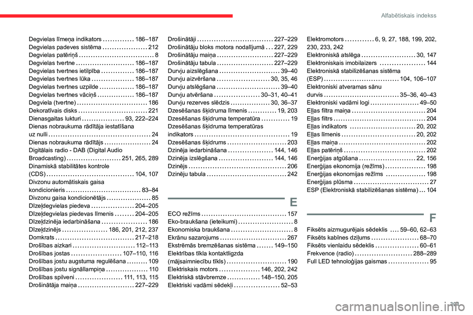 CITROEN JUMPER SPACETOURER 2021 Lietošanas Instrukcija (in Latvian) 301
Alfabētiskais indekss
Degvielas līmeņa indikators 186–187
Degvielas padeves sistēma
212
Degvielas patēriņš
8
Degvielas tvertne
186–187
Degvielas tvertnes ietilpība
CITROEN JUMPER SPACETOURER 2021 Lietošanas Instrukcija (in Latvian) 301
Alfabētiskais indekss
Degvielas līmeņa indikators 186–187
Degvielas padeves sistēma
212
Degvielas patēriņš
8
Degvielas tvertne
186–187
Degvielas tvertnes ietilpība