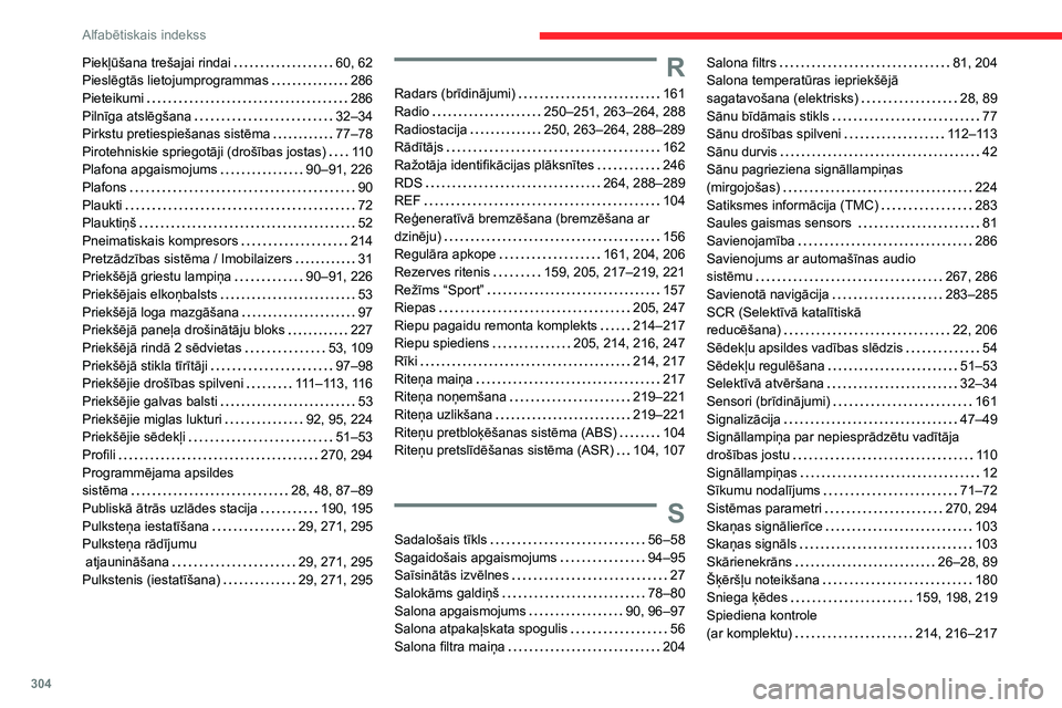 CITROEN JUMPER SPACETOURER 2021 Lietošanas Instrukcija (in Latvian) 304
Alfabētiskais indekss
Piekļūšana trešajai rindai 60, 62
Pieslēgtās lietojumprogrammas
286
Pieteikumi
286
Pilnīga atslēgšana
32–34
Pirkstu pretiespiešanas sistēma
CITROEN JUMPER SPACETOURER 2021 Lietošanas Instrukcija (in Latvian) 304
Alfabētiskais indekss
Piekļūšana trešajai rindai 60, 62
Pieslēgtās lietojumprogrammas
286
Pieteikumi
286
Pilnīga atslēgšana
32–34
Pirkstu pretiespiešanas sistēma