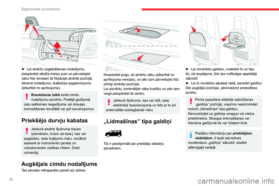 CITROEN JUMPER SPACETOURER 2021  Lietošanas Instrukcija (in Latvian) 72
Ergonomika un komforts
12 V ligzda(-as)
Atkarībā no versijas. 
 
 
 
 
 
 
 
 
► Lai atvērtu uzglabāšanas nodalījumu, 
piespiediet slēdža kreiso pusi un pārvietojiet 
vāku līdz ierobam