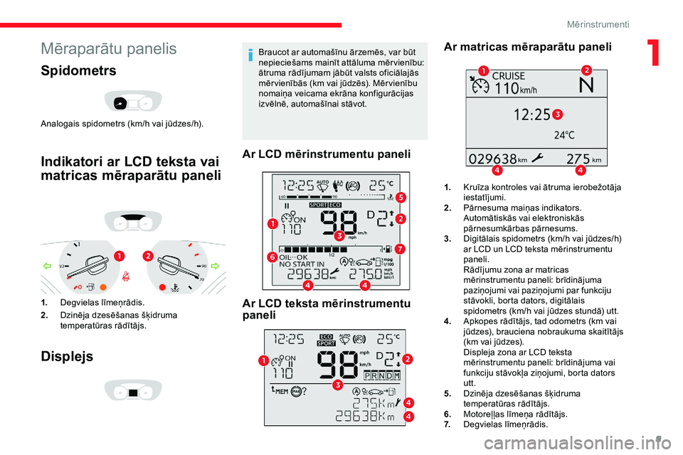 CITROEN JUMPER SPACETOURER 2020 Lietošanas Instrukcija (in Latvian) 9
Mēraparātu panelis
Spidometrs
Analogais spidometrs (km/h vai jūdzes/h).
Indikatori ar LCD teksta vai
matricas mēraparātu paneli
1.Degvielas līmeņrādis.
2. Dzinēja dzesēšanas šķidruma
CITROEN JUMPER SPACETOURER 2020 Lietošanas Instrukcija (in Latvian) 9
Mēraparātu panelis
Spidometrs
Analogais spidometrs (km/h vai jūdzes/h).
Indikatori ar LCD teksta vai
matricas mēraparātu paneli
1.Degvielas līmeņrādis.
2. Dzinēja dzesēšanas šķidruma