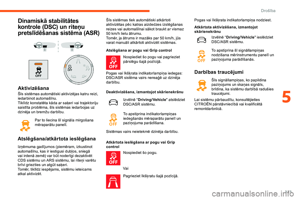 CITROEN JUMPER SPACETOURER 2020 Lietošanas Instrukcija (in Latvian) 111
Dinamiskā stabilitātes
kontrole (DSC) un riteņu
pretslīdēšanas sistēma (ASR)
Aktivizēšana
Šīs sistēmas automātiski aktivizējas katru reizi,
iedarbinot automašīnu.
Tiklīdz konst CITROEN JUMPER SPACETOURER 2020 Lietošanas Instrukcija (in Latvian) 111
Dinamiskā stabilitātes
kontrole (DSC) un riteņu
pretslīdēšanas sistēma (ASR)
Aktivizēšana
Šīs sistēmas automātiski aktivizējas katru reizi,
iedarbinot automašīnu.
Tiklīdz konst