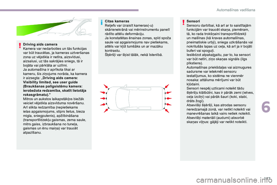 CITROEN JUMPER SPACETOURER 2020 Lietošanas Instrukcija (in Latvian) 157
Driving aids camera
Kamera var nedarboties un tās funkcijas
var būt traucētas, ja kameras uztveršanas
zona uz vējstikla ir netīra, aizsvīdusi,
aizsalusi, uz tās sakrājies sniegs, tā i CITROEN JUMPER SPACETOURER 2020 Lietošanas Instrukcija (in Latvian) 157
Driving aids camera
Kamera var nedarboties un tās funkcijas
var būt traucētas, ja kameras uztveršanas
zona uz vējstikla ir netīra, aizsvīdusi,
aizsalusi, uz tās sakrājies sniegs, tā i