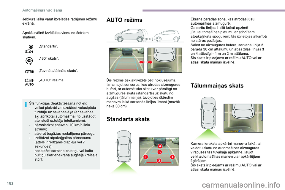 CITROEN JUMPER SPACETOURER 2020 Lietošanas Instrukcija (in Latvian) 182
Apakšizvēlnē izvēlēties vienu no četriem
skatiem. Jebkurā laikā varat izvēlēties rādījumu režīmu
ekrānā.„Standarts”.
„180° skats”.
„Tuvināts/tālināts skats”.
„ CITROEN JUMPER SPACETOURER 2020 Lietošanas Instrukcija (in Latvian) 182
Apakšizvēlnē izvēlēties vienu no četriem
skatiem. Jebkurā laikā varat izvēlēties rādījumu režīmu
ekrānā.„Standarts”.
„180° skats”.
„Tuvināts/tālināts skats”.
„