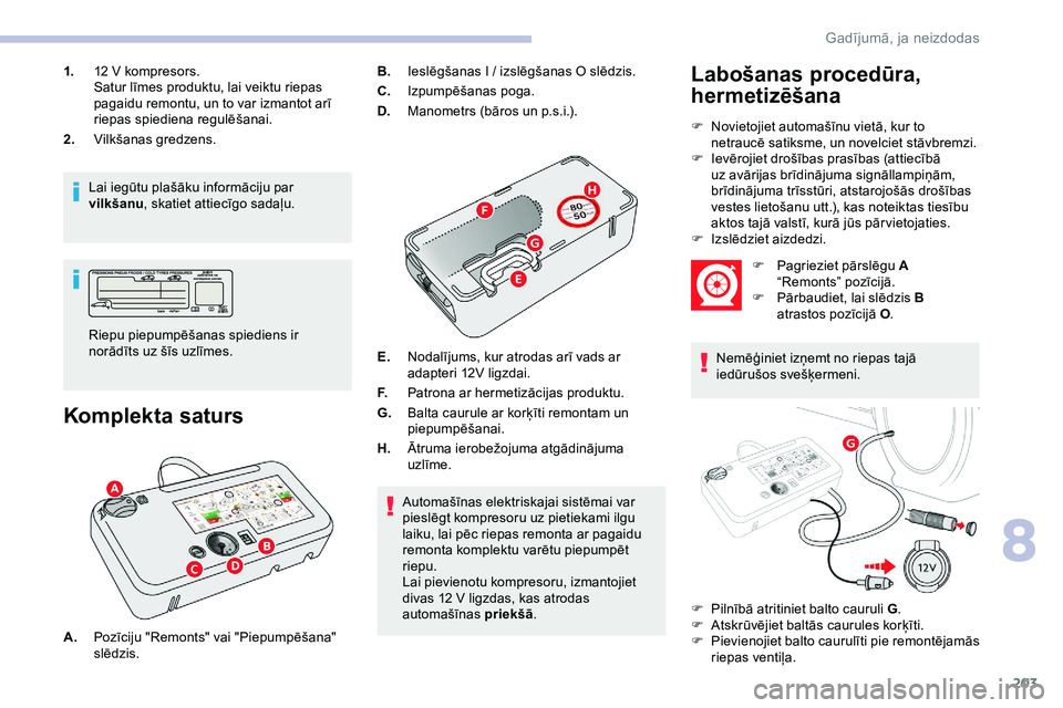 CITROEN JUMPER SPACETOURER 2020 Lietošanas Instrukcija (in Latvian) 203
1.12 V kompresors.
Satur līmes produktu, lai veiktu riepas
pagaidu remontu, un to var izmantot arī
riepas spiediena regulēšanai.
2. Vilkšanas gredzens.
Lai iegūtu plašāku informāciju CITROEN JUMPER SPACETOURER 2020 Lietošanas Instrukcija (in Latvian) 203
1.12 V kompresors.
Satur līmes produktu, lai veiktu riepas
pagaidu remontu, un to var izmantot arī
riepas spiediena regulēšanai.
2. Vilkšanas gredzens.
Lai iegūtu plašāku informāciju