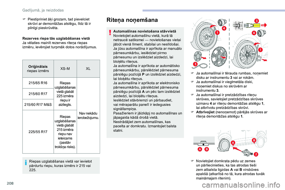 CITROEN JUMPER SPACETOURER 2020 Lietošanas Instrukcija (in Latvian) 208
Rezer ves riepa tās uzglabāšanas vietā
Ja vēlaties mainīt rezer ves riteņa riepas
izmēru, ievērojiet turpmāk dotos norādījumus.Riepas uzglabāšanas vietā var ievietot
pārdurtu rie CITROEN JUMPER SPACETOURER 2020 Lietošanas Instrukcija (in Latvian) 208
Rezer ves riepa tās uzglabāšanas vietā
Ja vēlaties mainīt rezer ves riteņa riepas
izmēru, ievērojiet turpmāk dotos norādījumus.Riepas uzglabāšanas vietā var ievietot
pārdurtu rie