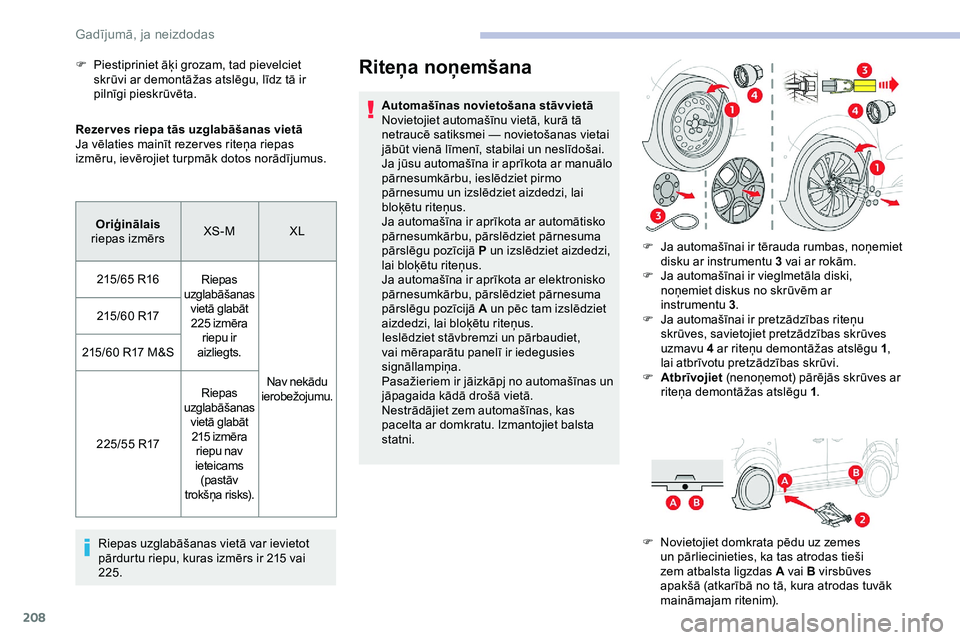 CITROEN JUMPER SPACETOURER 2020  Lietošanas Instrukcija (in Latvian) 208
Rezer ves riepa tās uzglabāšanas vietā
Ja vēlaties mainīt rezer ves riteņa riepas 
izmēru, ievērojiet turpmāk dotos norādījumus.Riepas uzglabāšanas vietā var ievietot 
pārdurtu rie