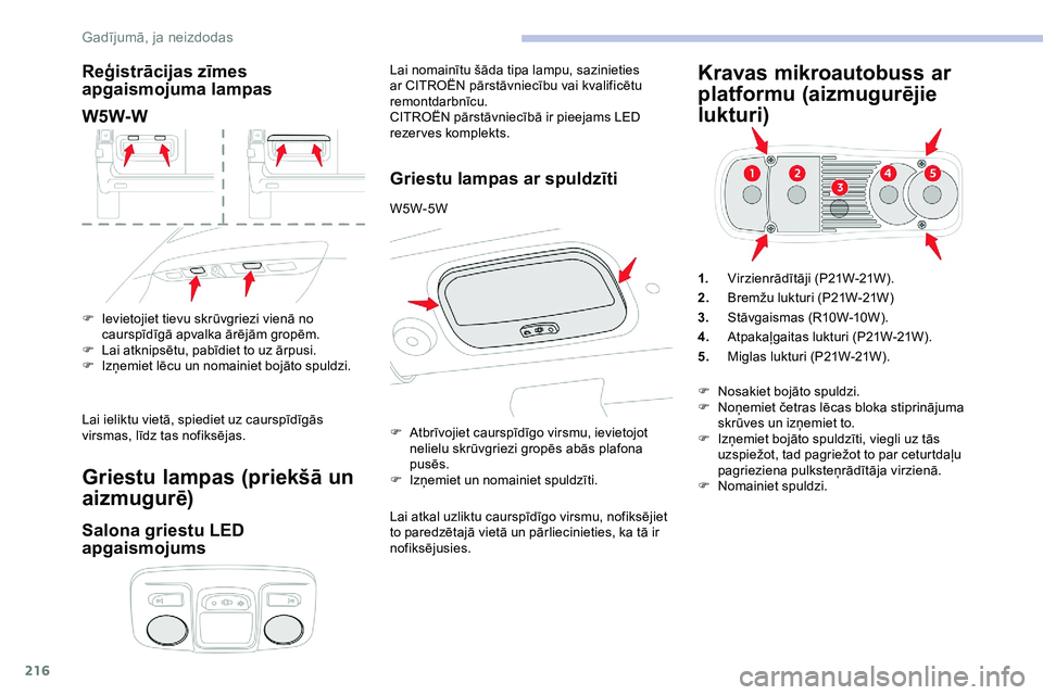 CITROEN JUMPER SPACETOURER 2020 Lietošanas Instrukcija (in Latvian) 216
Reģistrācijas zīmes
apgaismojuma lampas
W5W-W
F Ievietojiet tievu skrūvgriezi vienā no caurspīdīgā apvalka ārējām gropēm.
F
L
ai atknipsētu, pabīdiet to uz ārpusi.
F
I
zņemi CITROEN JUMPER SPACETOURER 2020 Lietošanas Instrukcija (in Latvian) 216
Reģistrācijas zīmes
apgaismojuma lampas
W5W-W
F Ievietojiet tievu skrūvgriezi vienā no caurspīdīgā apvalka ārējām gropēm.
F
L
ai atknipsētu, pabīdiet to uz ārpusi.
F
I
zņemi